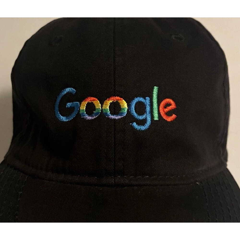 *RARE* NEW VTG Google Logo Leather Strapback One Size Hat Cap Black Colorful Y2K